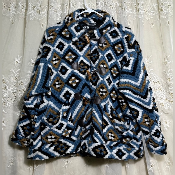 Zara Jackets & Blazers - Zara Blue Black White Brown Geometric Toggle Teddy Coat